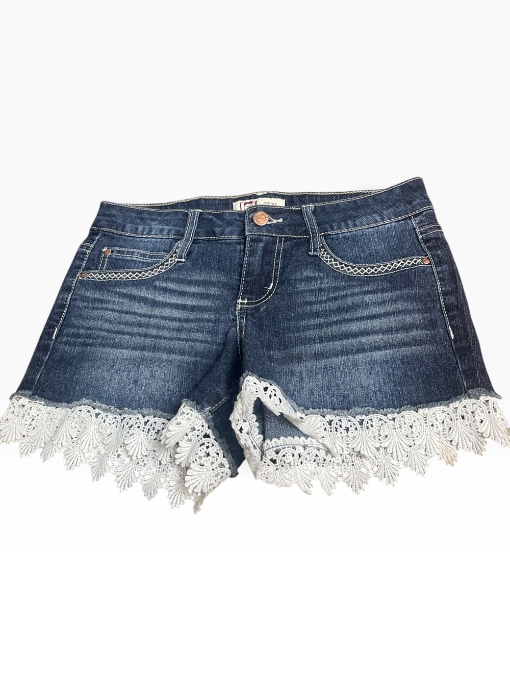 l.e.i. Ashley Low Rise Denim Shorts with White Crochet Lace Trim